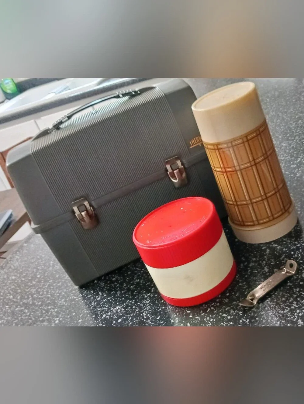 Vintage Thermos Grey Lunchbox and  drink/food thermos holders, can opener